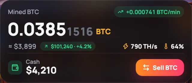 Balance card: mined BTC, income per minute, Turbo and cash