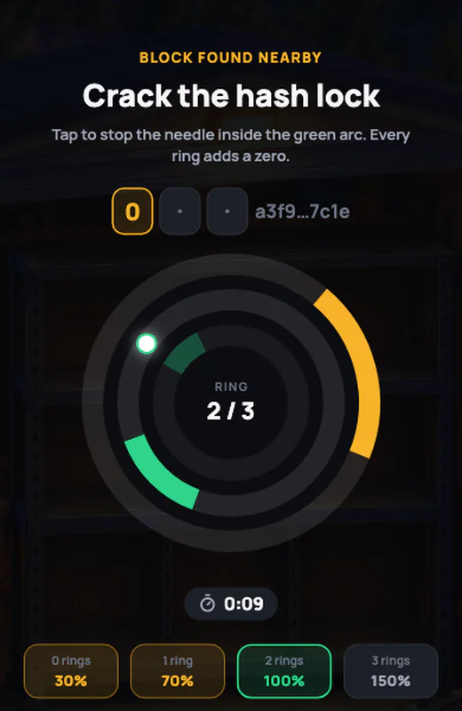 Hash Lock mini-game: stop the needle in the green arc of the ring