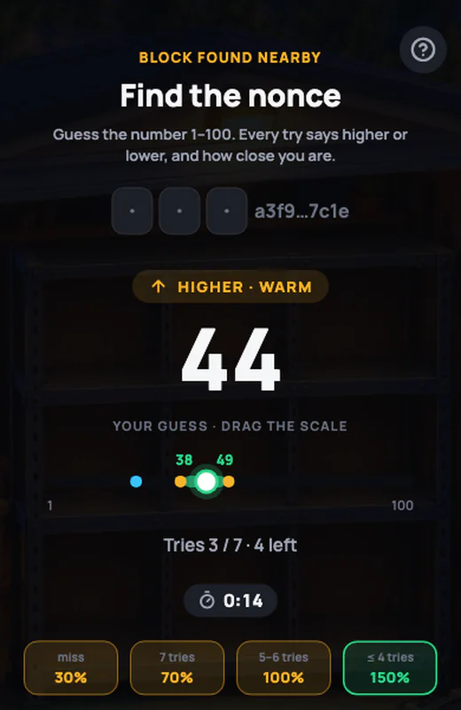 Nonce mini-game: guess a number from 1 to 100, each try says higher or lower